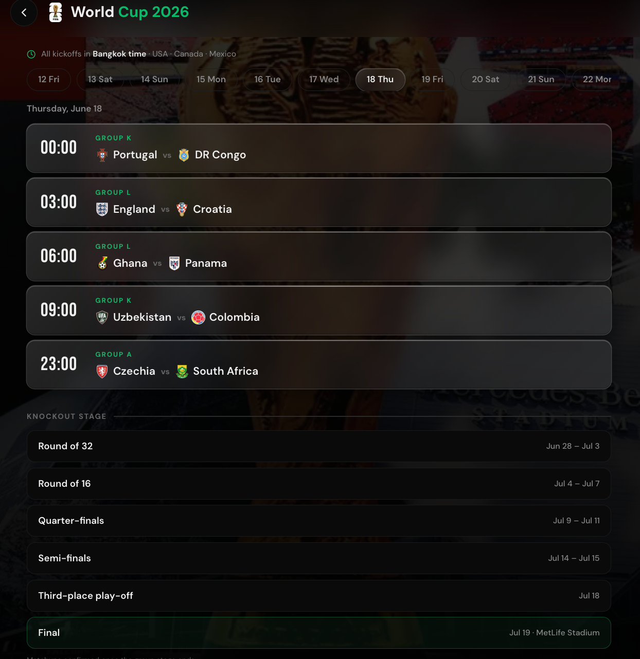 World Cup 2026 match calendar in Bangkok time on KickHub app