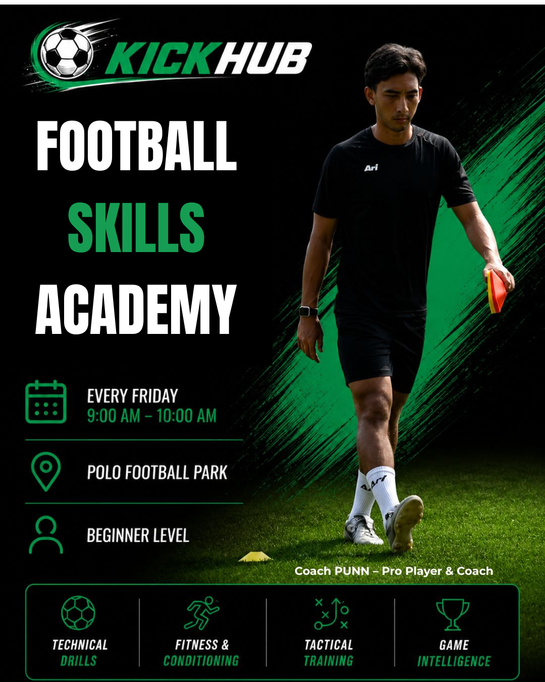 Coach Punn leading a KickHub Academy session at POLO Football Park Bangkok